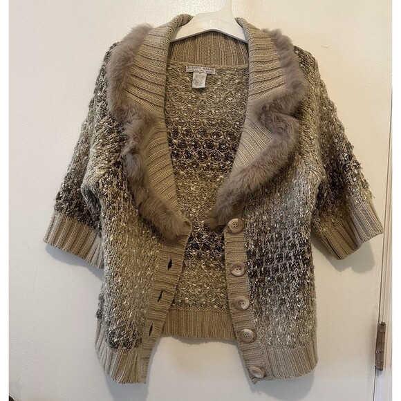Alberto Makali Fox Fur Trim Cardigan Sweater Shawl Collar Metallic Knit Retro M - Picture 1 of 8